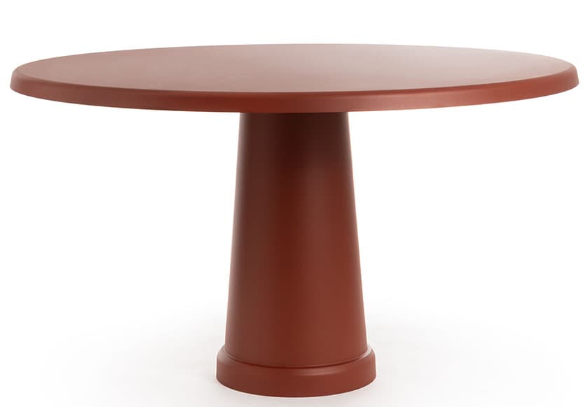 A contemporary round dining table with a single, tapered pedestal base, presented in a uniform matte reddish-brown finish. — 3D model