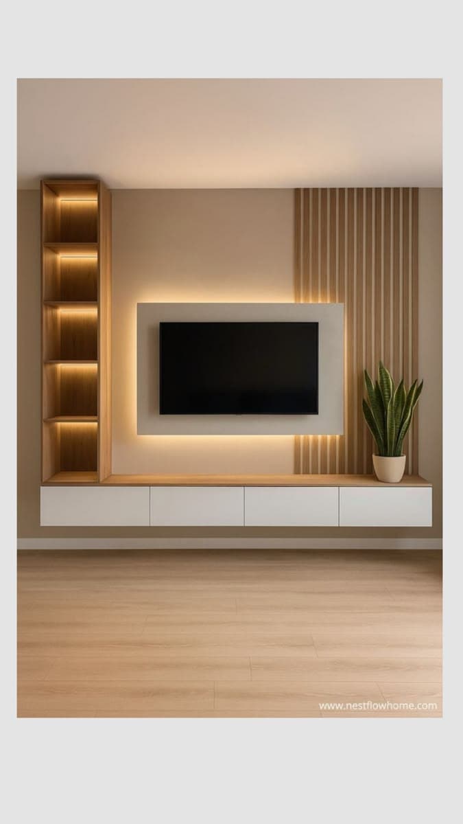 A modern wall-mounted media console system featuring a light wood finish and white elements. It includes a central section for a television, framed by a backlit panel and a decorative slatted wood panel. To the left, a tall, narrow bookshelf provides open storage, while below the TV, a long, floating base unit offers closed storage drawers. The overall design is minimalist and integrated, blending seamlessly with the wall. — 3D model