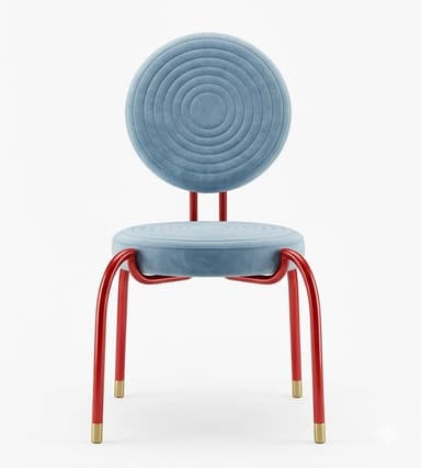 A contemporary chair featuring a circular, cushioned seat and backrest with concentric stitched detailing. The frame is constructed from tubular metal, bent into stylized legs and a supportive structure for the backrest. The legs have brass-colored caps at their base. The overall design is playful and modern. — 3D model
