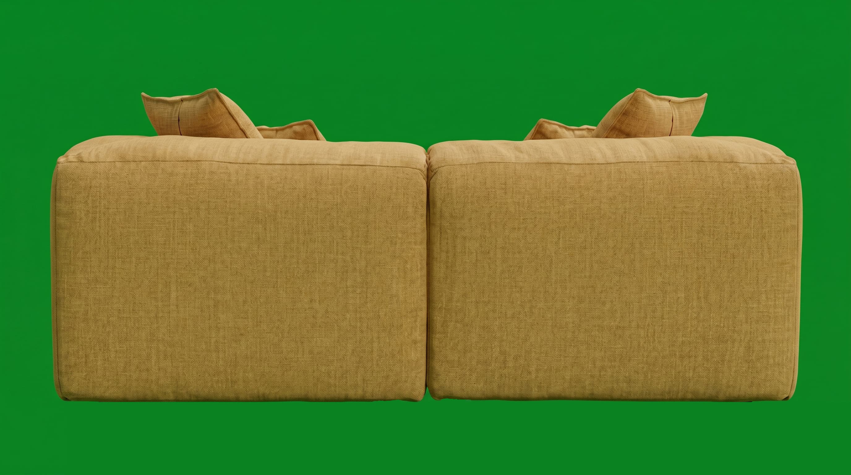 Two large, upholstered modular sofa sections, presented from a rear or side perspective, featuring a textured woven fabric in a warm, mustard yellow hue. Each section exhibits clean lines and includes a visible back cushion, indicating a comfortable and adaptable design intended for flexible arrangement within a larger seating system. — 3D model