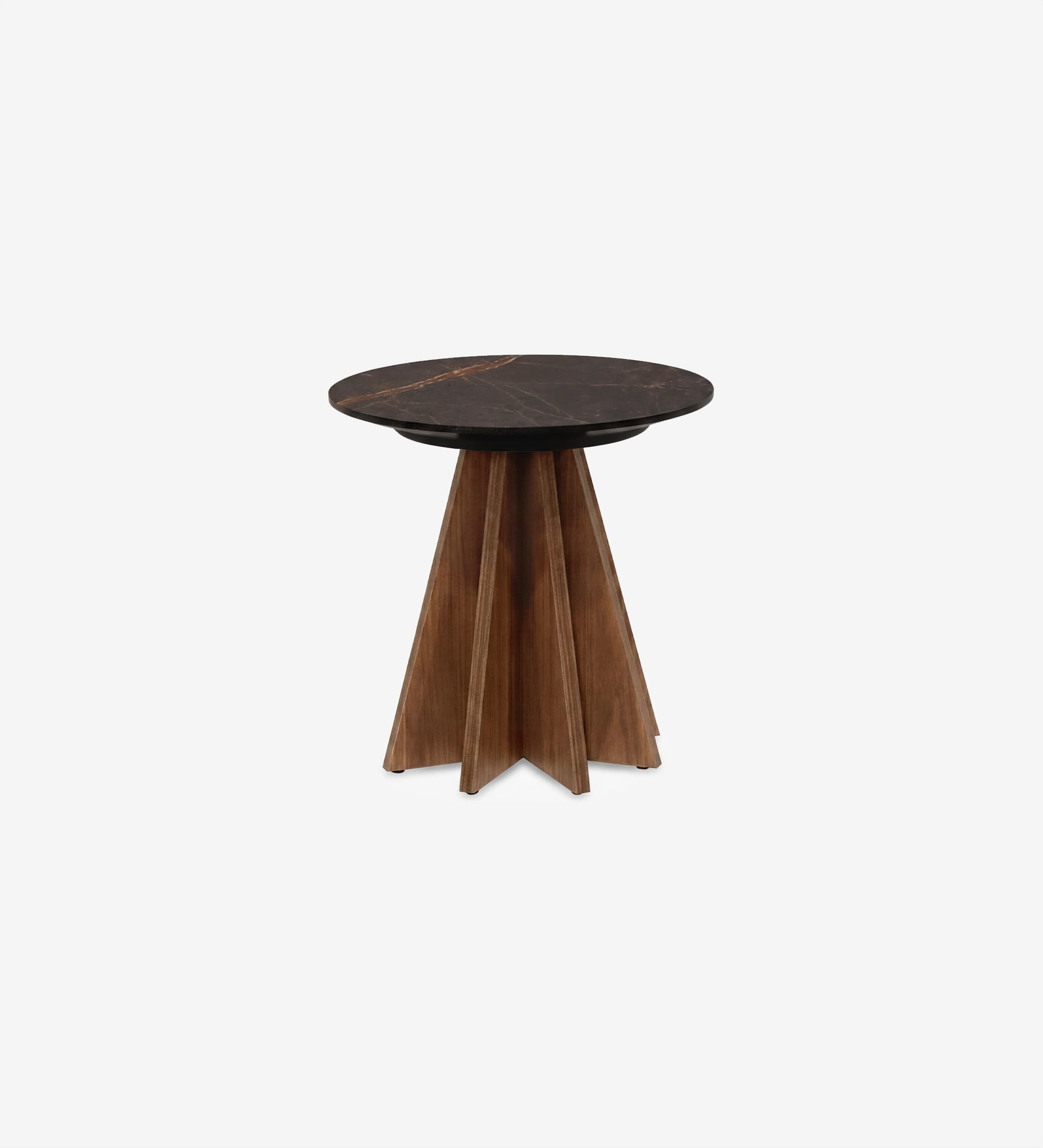 A round side table with a dark, veined top and a wooden base featuring a distinctive geometric, fan-like structure composed of multiple vertical planks. — 3D model