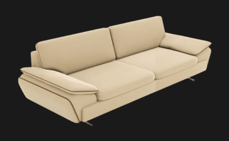 A contemporary beige sofa with a sleek design. It features two plush seat cushions and two back cushions. The arms are softly padded and have a subtle curve, accented by thin dark piping along their edges. The sofa is supported by slender, low-profile metal legs, giving it a modern and slightly elevated appearance. — 3D model
