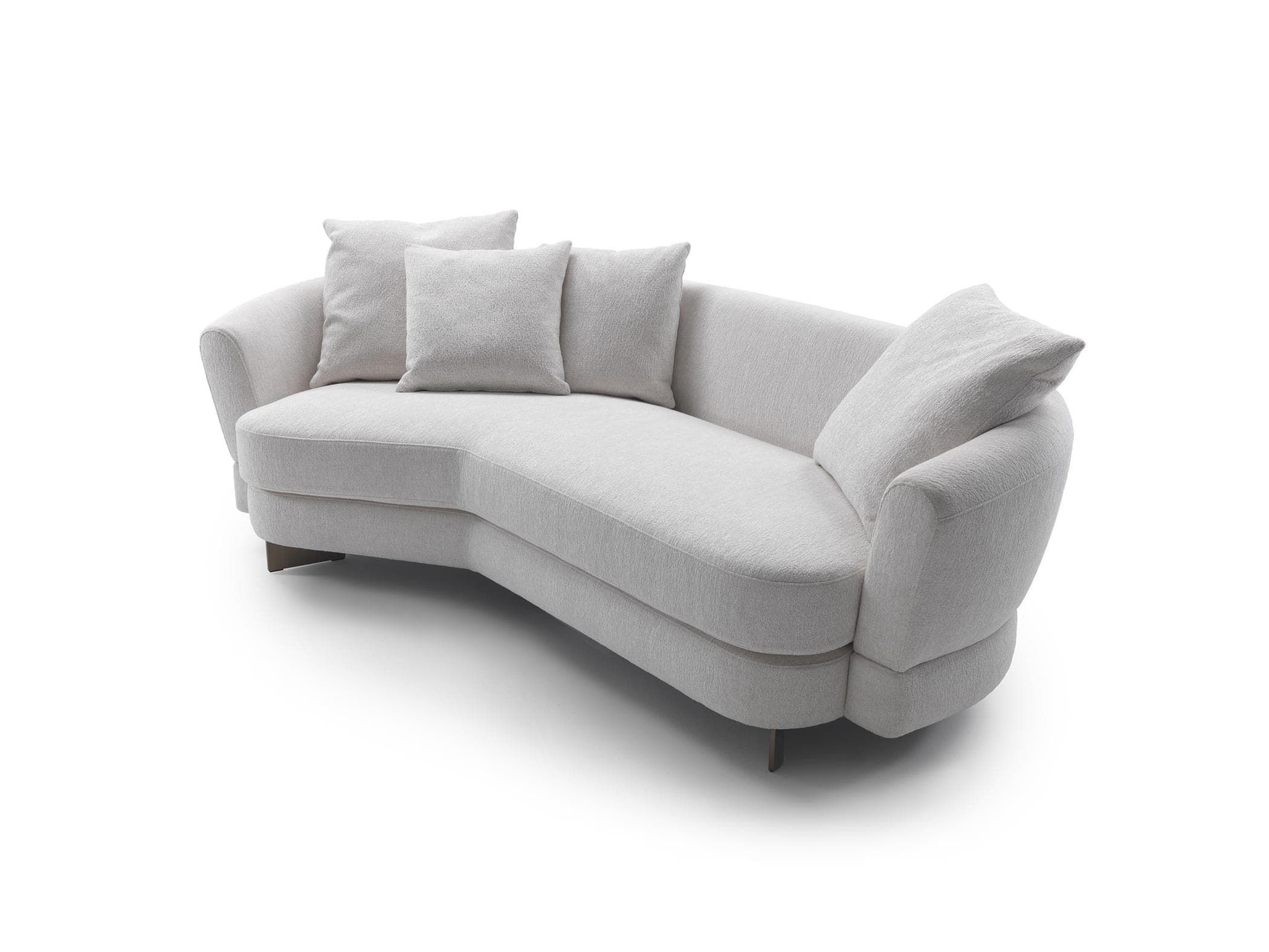 A modern, curved sofa with a chaise lounge section. It features a textured, light-colored upholstery and includes several square throw pillows for added comfort and aesthetic appeal. The sofa has discreet, angled legs that are low to the ground. — 3D model