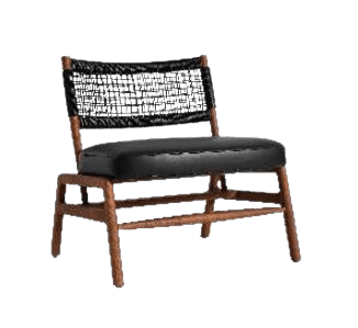 A modern lounge chair featuring a solid wood frame, a woven cord backrest, and a black upholstered seat cushion. The chair has a low profile and a relaxed design. — 3D model