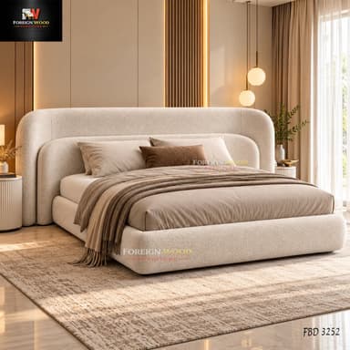 A modern upholstered platform bed featuring a distinctive softly curved headboard and a low-profile frame, all covered in a light beige, textured fabric. — 3D model