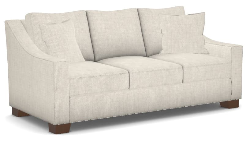 A contemporary three-seater sofa, upholstered in a light-colored, textured fabric, likely off-white or cream. It features broad track arms, three separate seat cushions, and three loose back cushions, along with two smaller accent pillows. The sofa rests on low, rectangular dark wood block feet. — 3D model