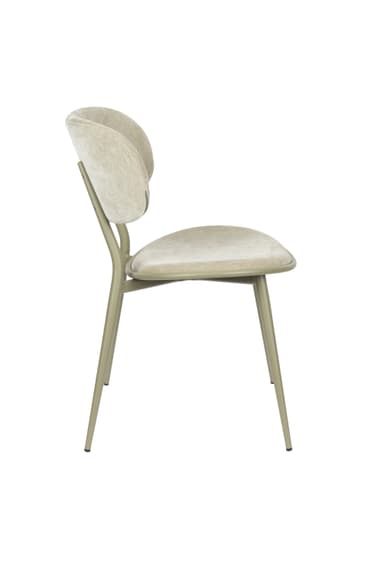 A contemporary dining chair featuring a slightly curved backrest and a seat cushion. The chair has a metal frame with four tapered legs. Both the backrest and the seat are upholstered in a textured, light beige fabric. The frame has a matte, olive-green finish. — 3D model