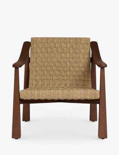An armchair with a wooden frame and a woven seat and backrest. The frame has a dark wood finish and features gently curved armrests and square, tapered legs. The seat and back are constructed from a tightly woven natural fiber material in a light tan color, forming a geometric pattern. The design is minimalist and modern. — 3D model