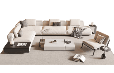 A modular, U-shaped sectional sofa with a low profile and clean lines. It features multiple seating modules, including a chaise lounge section. The sofa is upholstered in a light-colored fabric and comes with several accent pillows. — 3D model