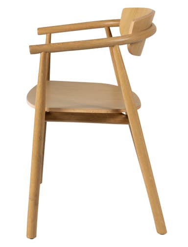 A wooden armchair with a curved backrest and seat. The frame and legs are made of light-colored wood with a visible grain. The armrests curve upwards and outwards. — 3D model