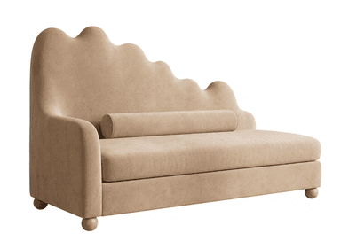 A modern upholstered chaise lounge featuring a distinctive wavy-shaped backrest, a single armrest on the left, and a long cushion for reclining. It includes a cylindrical bolster pillow. The piece is covered in a light beige fabric and stands on small, light-toned spherical wooden legs. — 3D model