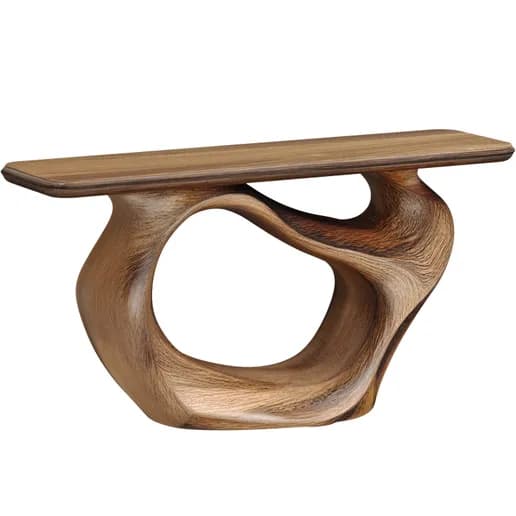 A console table featuring a distinctive sculptural, organic wooden base with a rectangular top. The base exhibits fluid, wavy forms, creating a dynamic and artful silhouette, while the natural wood grain is prominently visible throughout the piece. — 3D model