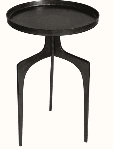 A dark, round-topped side table with a raised rim. It is supported by a central pedestal that splits into three legs. The legs have an angular, somewhat abstract design, tapering to a point at the floor. The overall aesthetic is modern and industrial. — 3D model
