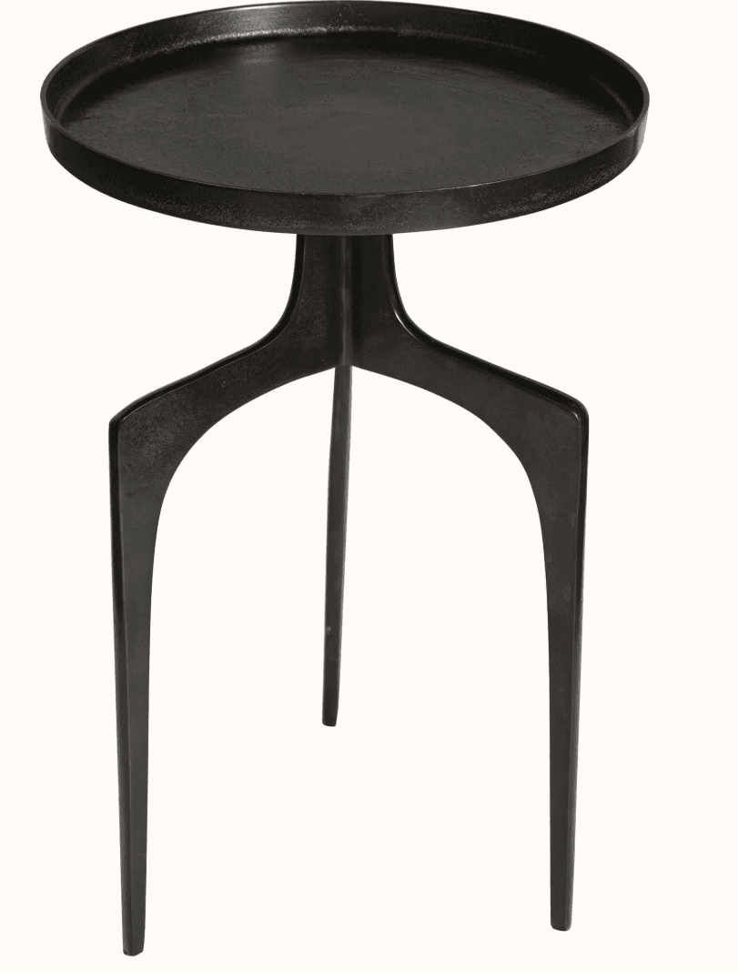 A dark, round-topped side table with a raised rim. It stands on three slender, splayed legs that meet at a central support beneath the tabletop. The legs have a distinctive geometric and slightly curved design. The overall aesthetic suggests a modern or industrial style. — 3D model