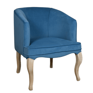 A blue upholstered armchair with curved, carved wooden legs. The armchair features a rounded back that extends into low arms, and a cushioned seat. The upholstery appears to be a soft fabric, possibly velvet or a similar material. The wooden legs have a cabriole style. The item is presented against a solid black background. — 3D model