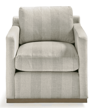 A striped armchair with thick upholstery and a squared-off design. It features a plush seat cushion and a separate back cushion. The base is a low-profile wooden plinth in a natural wood tone. The fabric has a textured weave with vertical stripes in a light blue and off-white color combination. — 3D model