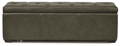 A rectangular storage ottoman with a tufted top, upholstered in a dark olive green material that appears to be leather or a high-quality faux leather. The base has a simple, clean-lined design, and it sits on short, dark wooden legs. The top lid is hinged, indicating it provides access to storage space within. — 3D model