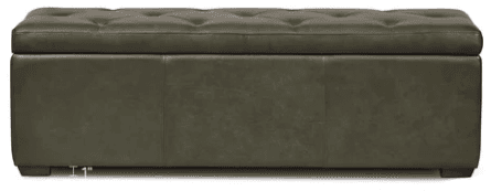 A rectangular storage ottoman with a tufted top, upholstered in a dark olive green material that appears to be leather or a high-quality faux leather. The base has a simple, clean-lined design, and it sits on short, dark wooden legs. The top lid is hinged, indicating it provides access to storage space within. — 3D model