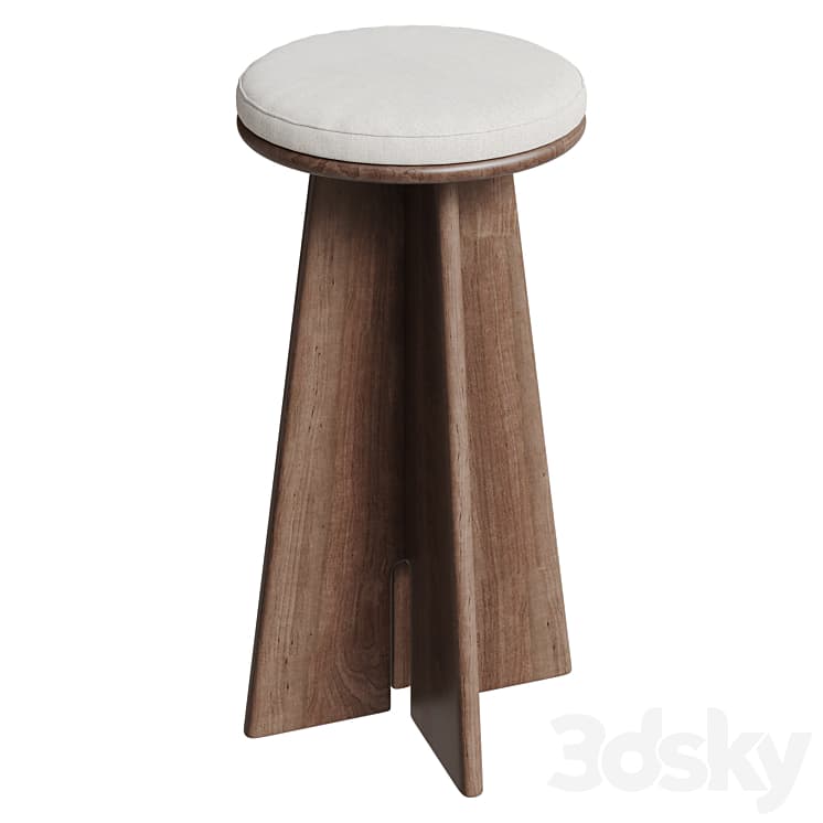 A modern counter stool featuring a round upholstered seat and a distinctive three-panel wooden base. — 3D model