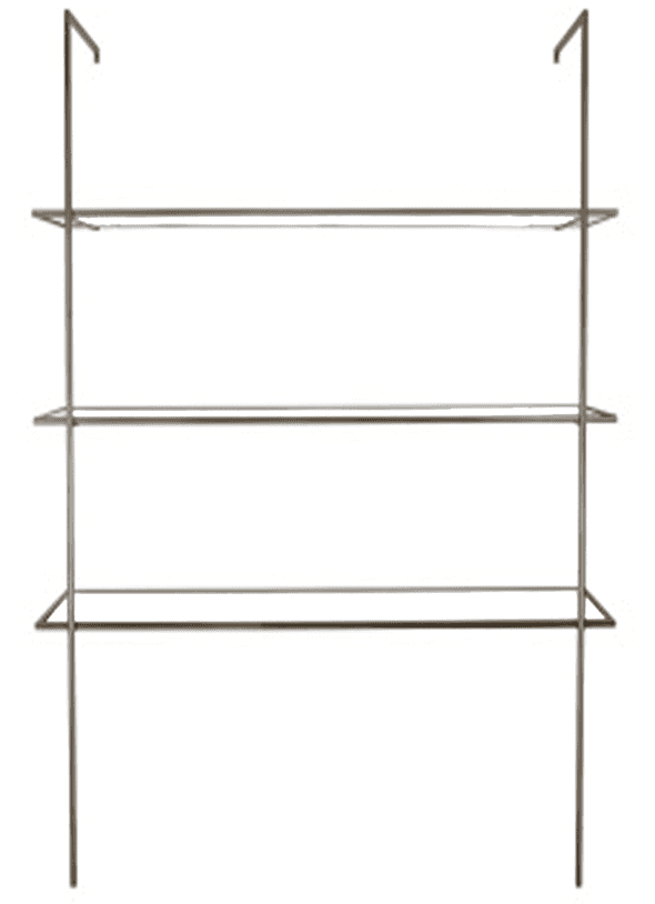 A three-tiered shelving unit constructed from thin metal rods. The unit features two vertical support poles with hooks at the top for potential wall mounting or suspension. Each tier consists of a horizontal rod connected to the vertical supports. — 3D model