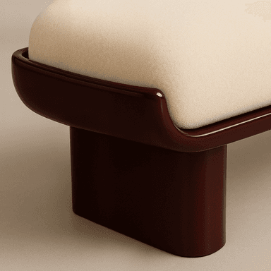 A close-up view of a modern upholstered ottoman, featuring a cream-colored cushion nestled within a distinctive dark reddish-brown, high-gloss lacquered wood frame. The frame has smooth, rounded edges and a solid, block-like base. — 3D model