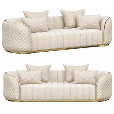 A sophisticated, contemporary sofa with a distinct curved silhouette, designed for multiple occupants. It is upholstered in a light, likely cream or off-white fabric, possibly velvet or a similar soft textile. The backrest and seating area feature prominent vertical channel tufting, providing a structured yet plush appearance. The rounded armrests and side panels are adorned with diamond quilting, adding a touch of classic elegance. Polished gold-tone metal trim outlines the sofa's base and upper edges, accentuating its luxurious aesthetic. The sofa is presented with several matching decorative pillows, enhancing comfort and visual appeal. — 3D model