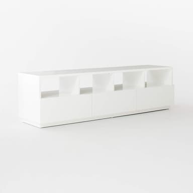 A modern, minimalist white nightstand featuring a clean, rectangular form and a recessed plinth base. It appears to have integrated storage on one side. — 3D model