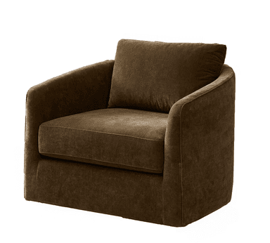 A comfortable, upholstered armchair with a solid, boxy base and rounded arms. It features a plush seat cushion and a single back cushion, both upholstered in a textured brown fabric. The armchair has a contemporary design with clean lines and a low profile. — 3D model