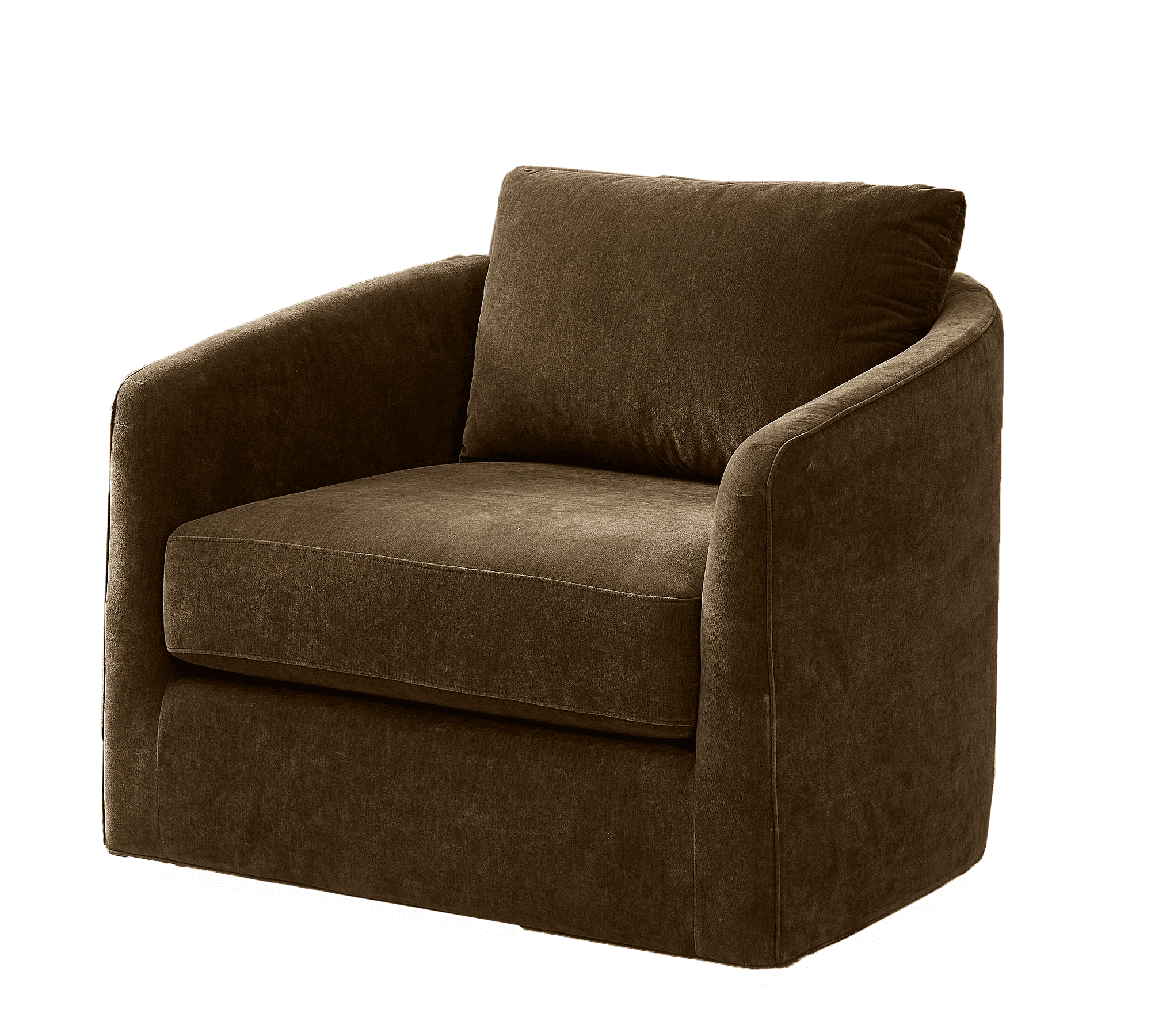 A comfortable, upholstered armchair with a solid, boxy base and rounded arms. It features a plush seat cushion and a single back cushion, both upholstered in a textured brown fabric. The armchair has a contemporary design with clean lines and a low profile. — 3D model