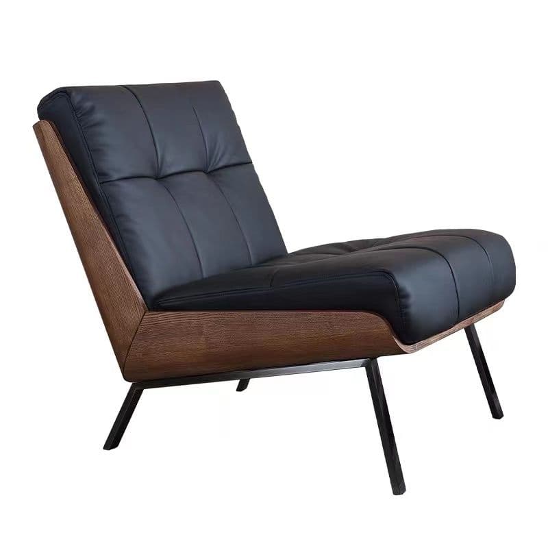 An armless lounge chair featuring a low profile, upholstered in black material, with distinctive dark wood side panels and slender black metal legs. — 3D model