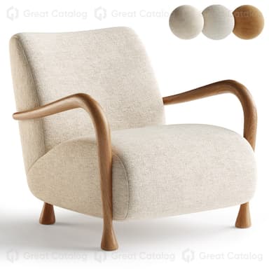 A modern upholstered lounge chair featuring a light-colored fabric and a distinct wooden frame. The chair has a generously padded seat and backrest, presenting a comfortable, inviting appearance. Its armrests are crafted from light-toned wood, gracefully curving downwards from the backrest to meet the front of the seat. The chair stands on four tapered wooden legs that extend from the base and armrests, maintaining a consistent wood finish. The overall aesthetic is clean and contemporary, with soft lines. — 3D model