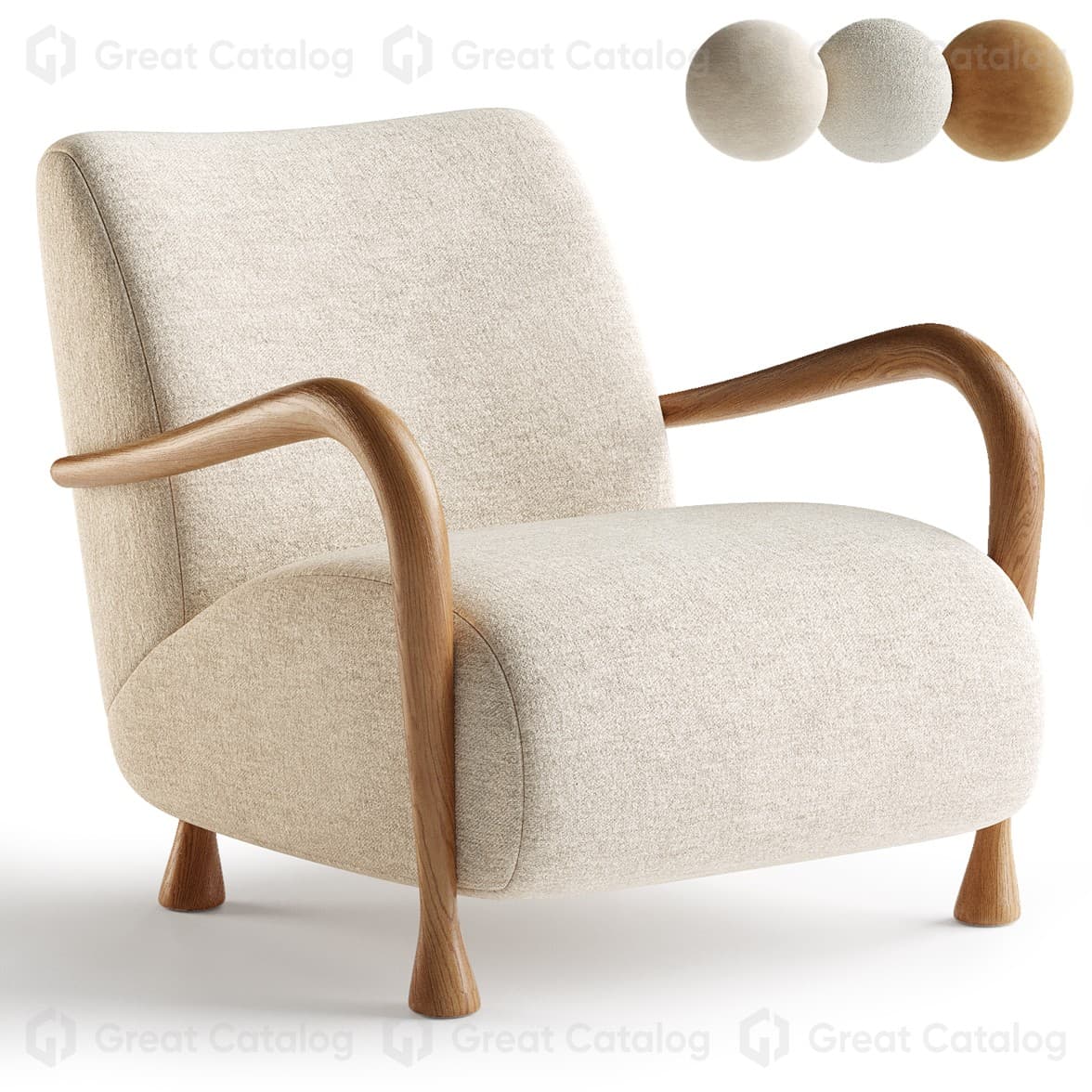 A modern upholstered lounge chair featuring a light-colored fabric and a distinct wooden frame. The chair has a generously padded seat and backrest, presenting a comfortable, inviting appearance. Its armrests are crafted from light-toned wood, gracefully curving downwards from the backrest to meet the front of the seat. The chair stands on four tapered wooden legs that extend from the base and armrests, maintaining a consistent wood finish. The overall aesthetic is clean and contemporary, with soft lines. — 3D model
