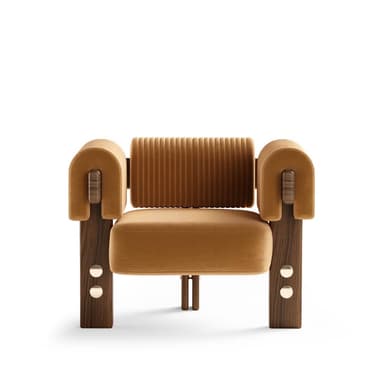 A contemporary armchair featuring a robust, dark-stained wooden frame with a unique geometric design. The seat cushion is upholstered in plush mustard-yellow velvet, and the backrest is a distinctive fluted velvet cylinder. U-shaped upholstered armrests are mounted on the wooden frame, and the vertical wooden legs are accented with brass circular inlays. — 3D model