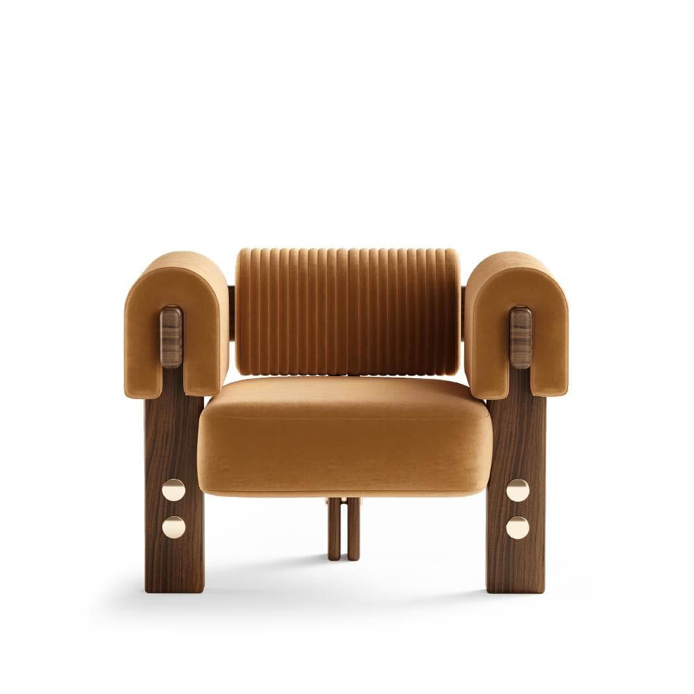 A contemporary armchair featuring a robust, dark-stained wooden frame with a unique geometric design. The seat cushion is upholstered in plush mustard-yellow velvet, and the backrest is a distinctive fluted velvet cylinder. U-shaped upholstered armrests are mounted on the wooden frame, and the vertical wooden legs are accented with brass circular inlays. — 3D model
