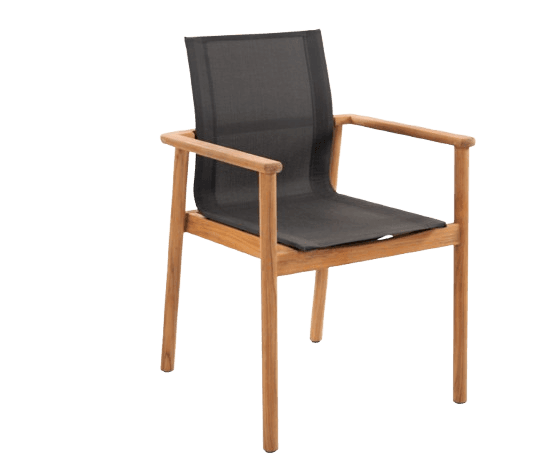 A modern armchair featuring a wooden frame with a dark, woven mesh seat and backrest. The armchair has four straight legs and armrests. — 3D model