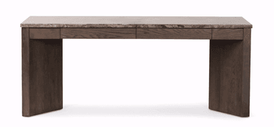A modern console table with a thick, rectangular top featuring a marbled stone finish. The base consists of two substantial, rectangular legs made of dark wood, creating an open space beneath the tabletop. The wood exhibits a prominent grain pattern and a dark stain. Two drawers are integrated into the underside of the tabletop, positioned towards the back. — 3D model