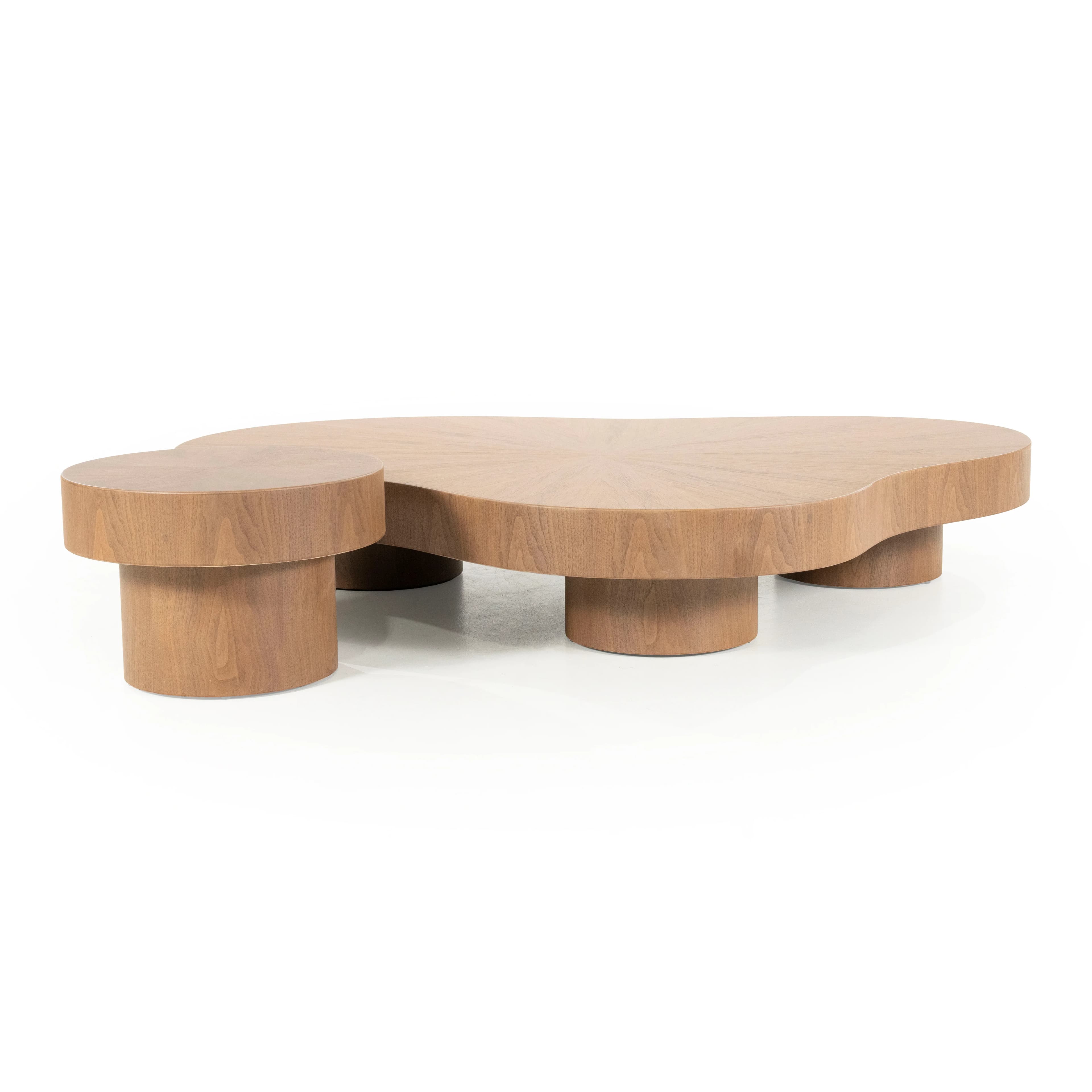 A modern coffee table featuring an organic, biomorphic shape for its main surface, connected to a smaller, circular elevated side table. Both components are constructed from light-toned wood, likely a veneer, with a visible grain. The larger coffee table surface is supported by multiple cylindrical pedestal bases, while the smaller side table has a single, wider cylindrical base. — 3D model