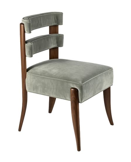 An elegant dining or accent chair featuring a dark wood frame and light grey/sage green velvet upholstery. The chair has a square, thickly padded seat and a distinctive backrest composed of two horizontal, padded, and curved velvet slats mounted on two vertical wooden posts. The legs are tapered and made of the same dark wood, with the rear legs exhibiting a slight curve. — 3D model