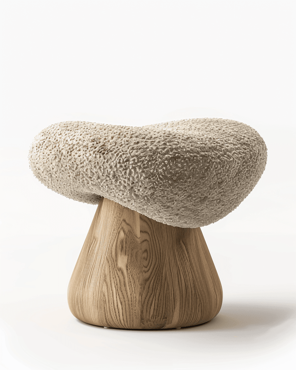 A sculptural furniture piece consisting of a light-colored, textured boucle upholstered top with an organic, cloud-like shape, supported by a tapered, solid wood base with visible grain. — 3D model