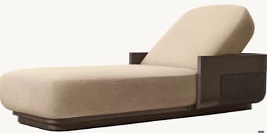 A modern chaise lounge with a reclining backrest. The base is constructed with a dark brown material, possibly wood or a composite, featuring a textured woven panel on the side. The seat and backrest are upholstered in a light beige fabric. — 3D model