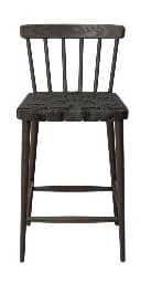 A modern dark-stained wooden bar stool featuring a spindle backrest and a square, tightly woven seat. It has four tapered, splayed legs connected by an integrated rectangular footrest. — 3D model