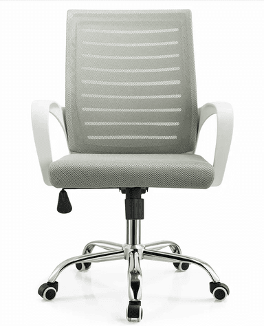 A modern office chair featuring a light gray mesh backrest and seat, white curved plastic armrests, and a chrome-plated five-star swivel base with casters. The chair has an adjustable height mechanism. — 3D model