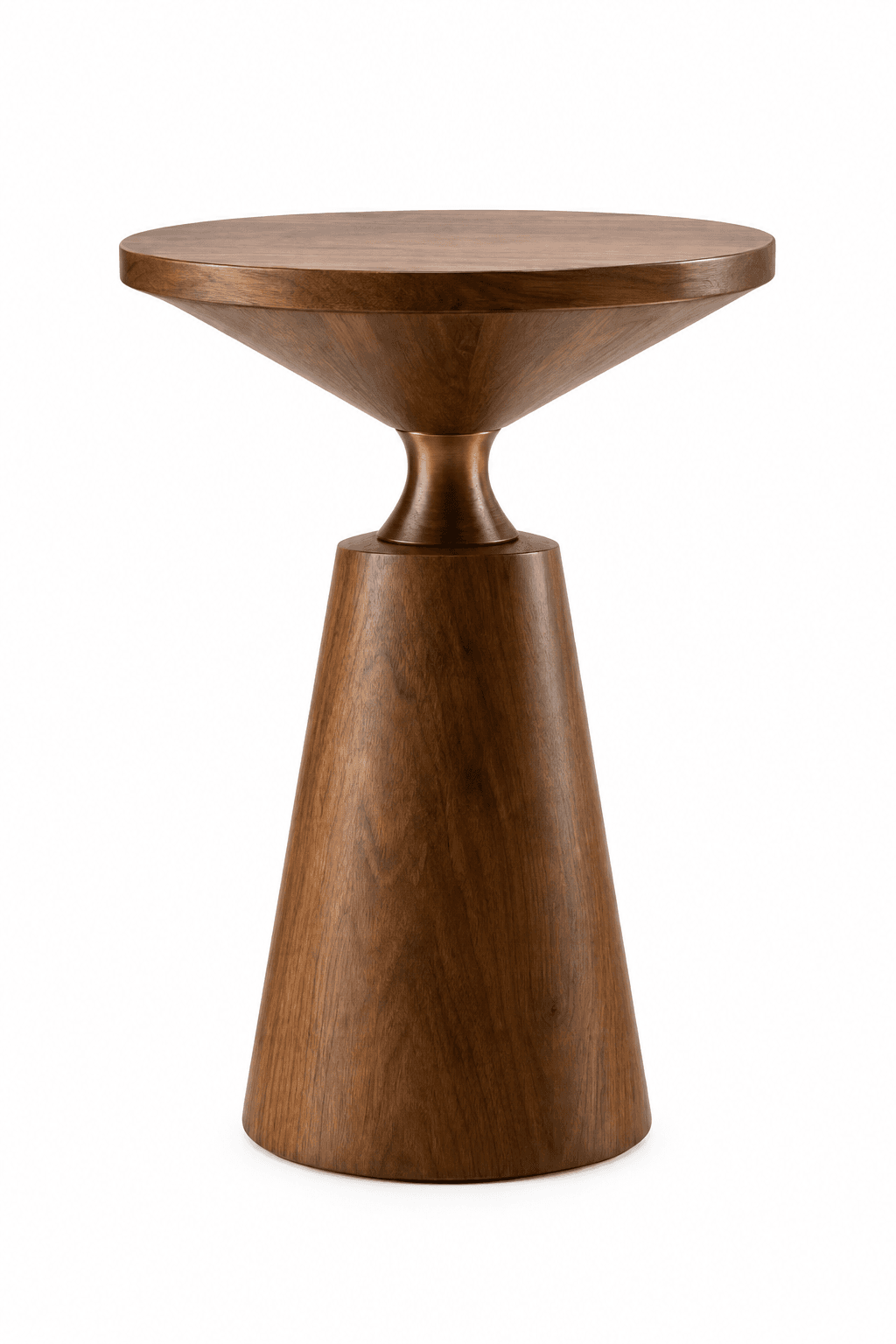 A modern accent side table featuring a round solid walnut wood top, a distinctive hourglass-shaped antique brass connector, and a tapering conical base made of solid walnut wood. The wood exhibits a rich, dark brown tone with visible grain, while the brass provides a contrasting metallic accent. — 3D model