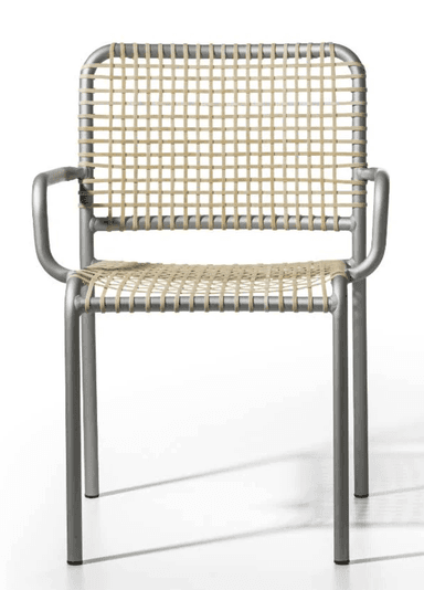 A modern armchair featuring a tubular metal frame and a seat and backrest constructed from woven synthetic webbing. The frame is a matte silver-grey, while the webbing is an off-white or light beige color. The design is contemporary with clean lines and integrated armrests. — 3D model