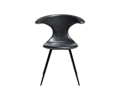 A modern black chair featuring a uniquely sculptural seat and backrest upholstered in what appears to be leather or faux leather with prominent contrasting white stitching. The backrest flares out at the top and narrows significantly at the waist before widening again for the seat. It is supported by four slender, angled black metal legs. — 3D model