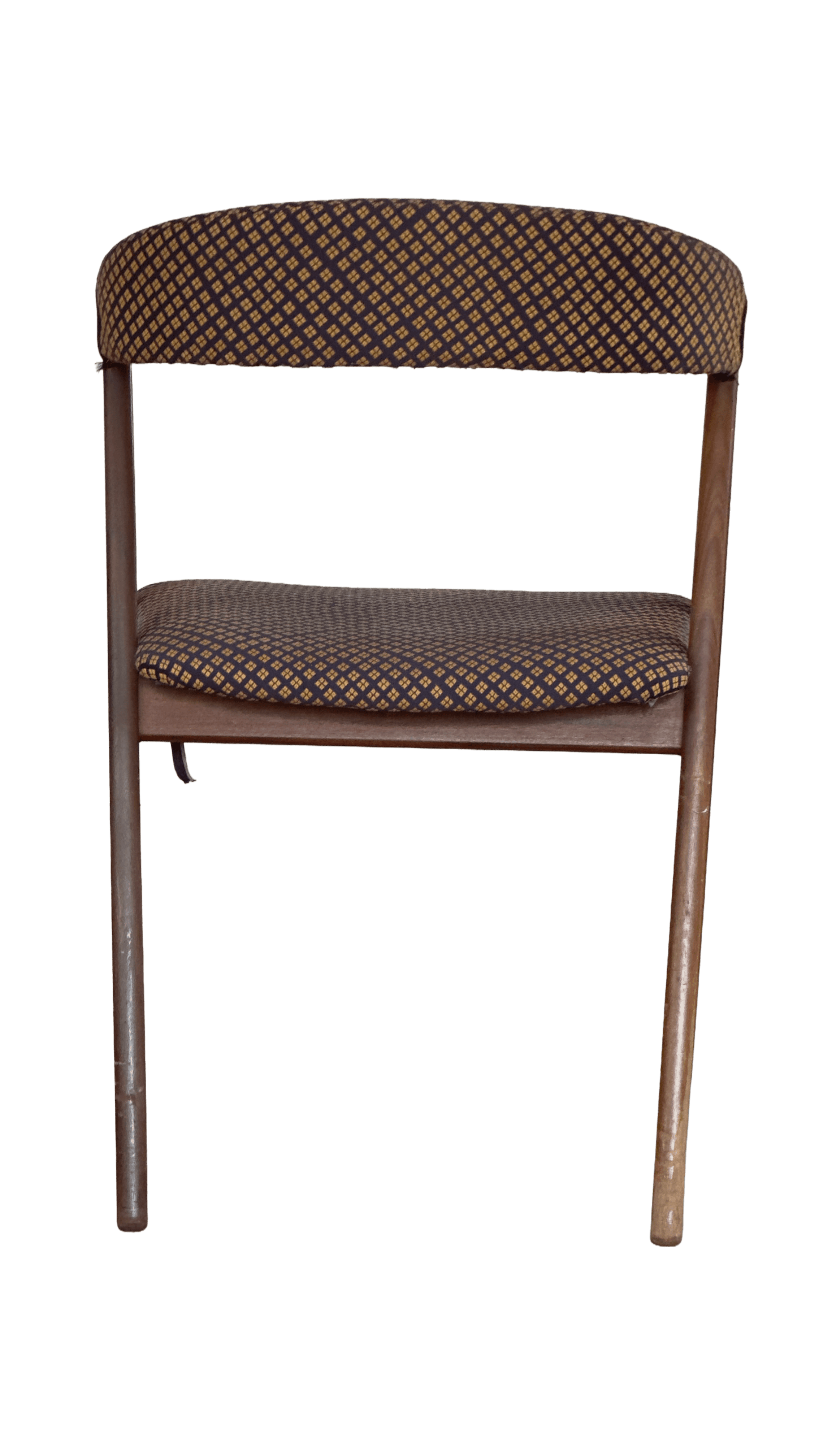 A wooden chair with upholstered seat and backrest. The upholstery features a repeating pattern of small, diamond-shaped motifs in a contrasting color. The frame appears to be made of wood with a dark finish. The chair has a simple, functional design. — 3D model
