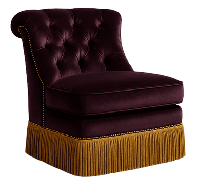 A tufted armchair with a high back and a rolled armrest. The upholstery appears to be velvet in a deep plum color. The base of the chair is adorned with a decorative fringe in a golden hue, secured by nailhead trim. The backrest features diamond tufting. — 3D model