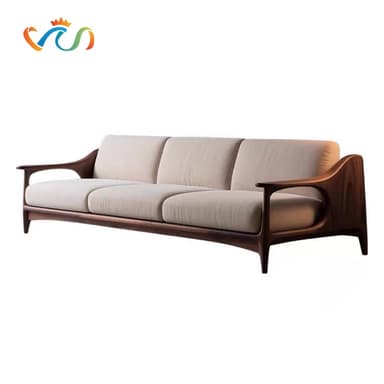 A contemporary three-seater sofa featuring a distinctive exposed wooden frame and light-colored upholstery. The design incorporates elegant curves in the armrests and base. — 3D model