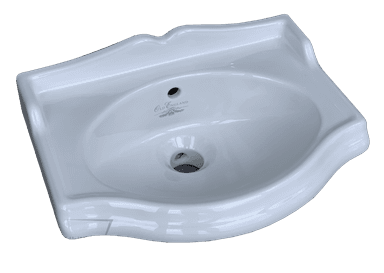 A white ceramic wall-mounted sink with a curved basin and a raised backsplash. It features a central drainage hole and a subtle embossed logo that reads 'Old England'. The front edge has a decorative, wavy profile. The sink appears to be a pedestal or wall-hung type, designed for bathroom use. — 3D model