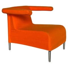 A modern armchair with an asymmetric design. It features a curved seat and back, with one armrest extending outwards and upwards from the main body, while the other side is open. The chair is supported by four slender, cylindrical metal legs. — 3D model